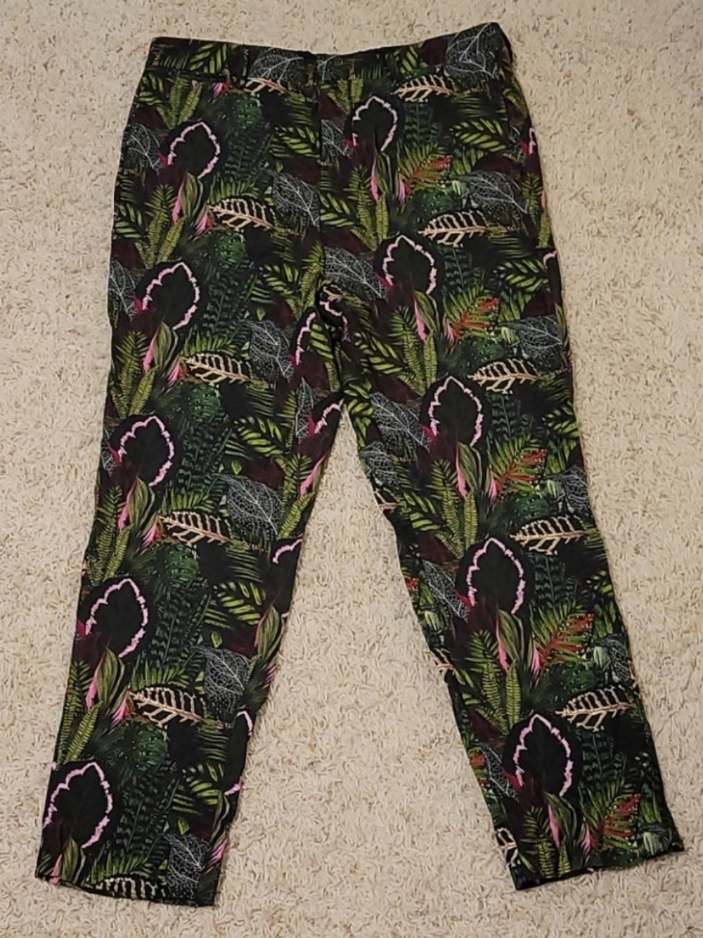 ASOS Tropical Leaf Print Pants in Black with Green and Pink Accents